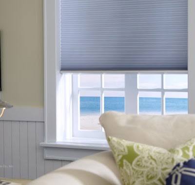 Lutron motorized shades halfway drawn over a window with an ocean view.