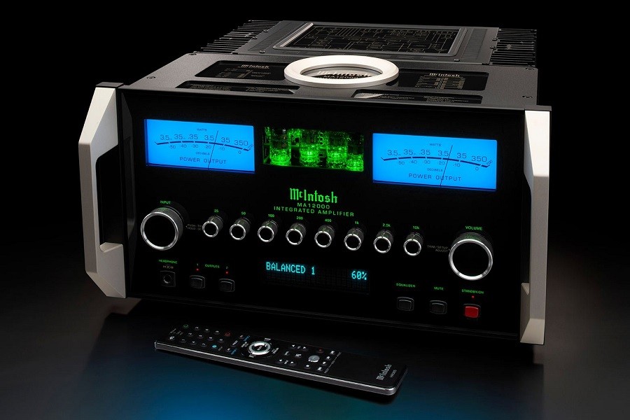 Close up of the McIntosh MA12000 integrated amplifier featuring a blue digital display.